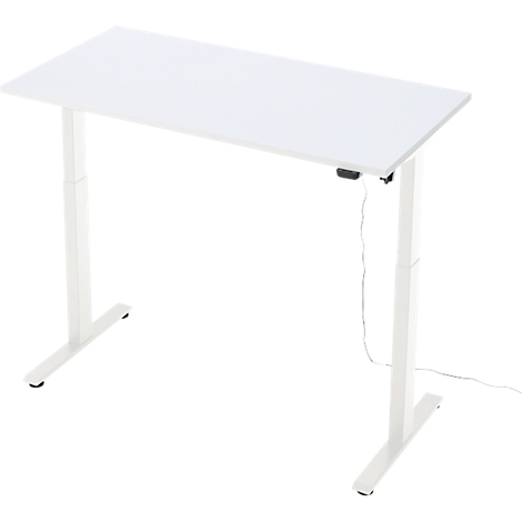 Wit, in hoogte verstelbaar bureau, iets van bovenaf gefotografeerd. De poten en het tafelblad zijn rechthoekig.