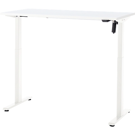 Witte, in hoogte verstelbare bureau met zwart bedieningspaneel.