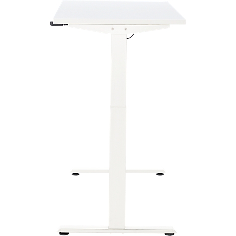 Witte, in hoogte verstelbare bureau, rechthoekig tafelblad, stevig frame.