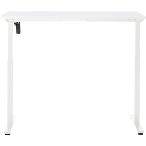Witte in hoogte verstelbare bureau met tafelblad, twee poten en bedieningselement.