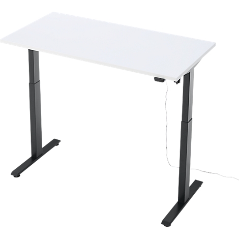 In hoogte verstelbaar bureau met wit tafelblad en zwart frame.