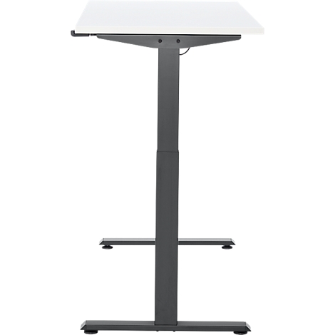 Een in hoogte verstelbaar bureau met een wit tafelblad en een grijs frame, op een witte achtergrond.