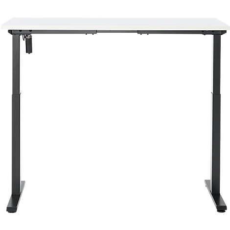 In hoogte verstelbaar bureau, met zwart frame en wit tafelblad.