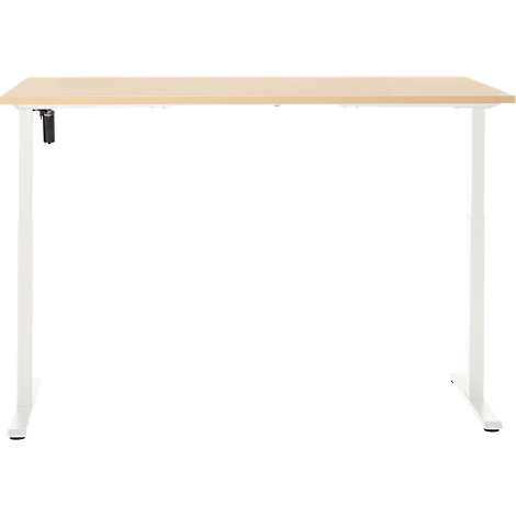 Een wit, in hoogte verstelbaar bureauframe met een lichtbruin tafelblad.