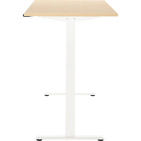 Een witte, in hoogte verstelbare bureau met een rechthoekig, lichtbruin tafelblad.
