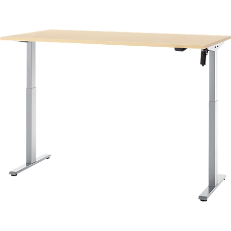 Een in hoogte verstelbaar bureau met licht houten fineer, zilveren poten en een zwart bedieningspaneel.