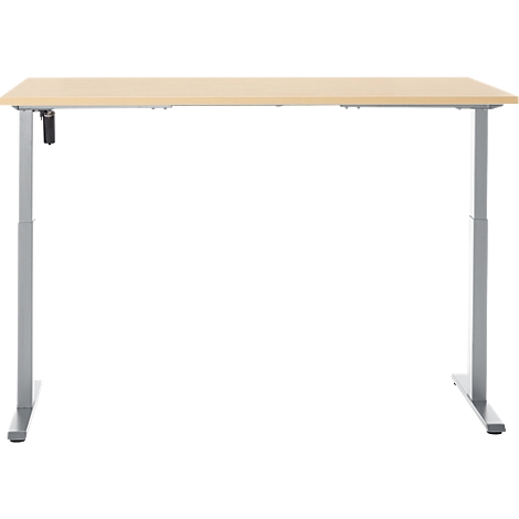 Een in hoogte verstelbaar bureau met een lichtbruin tafelblad en zilverkleurige poten. De linkerkant heeft een bedieningseenheid.
