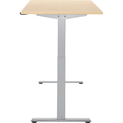 Statafel met licht houten blad en grijs frame. Twee voeten aan de onderkant, inclusief een plank.