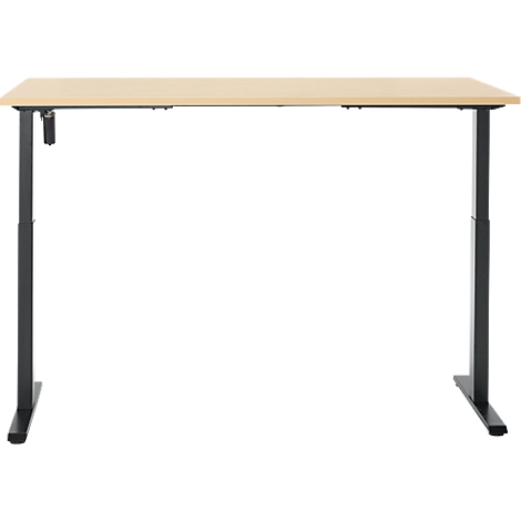 Een in hoogte verstelbaar houten bureau met zwarte poten, tegen een witte achtergrond.