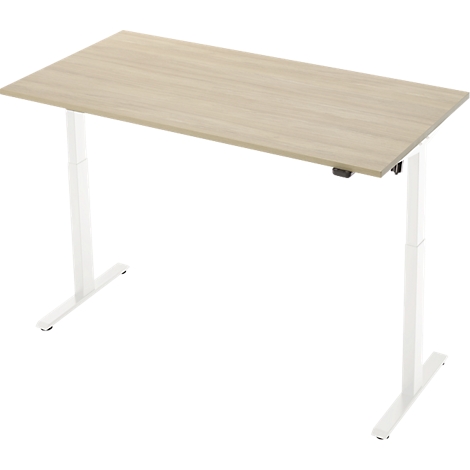 Een in hoogte verstelbaar bureau met een licht houten blad en witte poten, tegen een witte achtergrond.