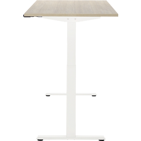 Een in hoogte verstelbaar bureau in licht hout en wit frame.