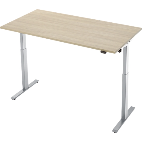 Helder, rechthoekig bureau met zilveren, in hoogte verstelbare poten. Het tafelblad heeft een lichte houtnerf.
