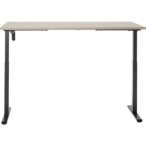 Lichtbruin tafelblad op zwart, in hoogte verstelbaar frame.