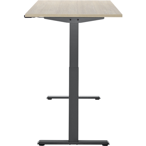 In hoogte verstelbaar bureau, lichtbruin tafelblad, grijs frame.
