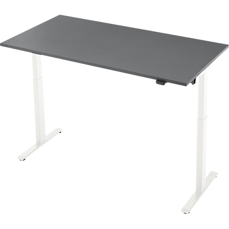 Een grijze, in hoogte verstelbare bureau met witte poten. Het ontwerp is minimalistisch en modern.