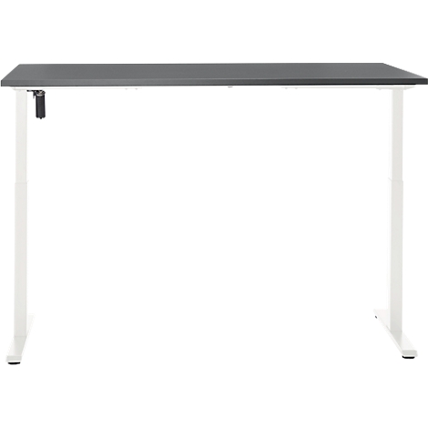 In hoogte verstelbaar bureau met grijs tafelblad en witte poten op een witte achtergrond.