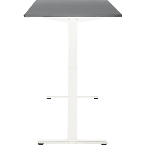 Een in hoogte verstelbaar bureau met een grijs tafelblad en een wit frame, tegen een witte achtergrond.