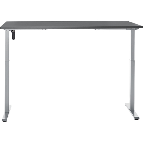 Een grijze, in hoogte verstelbare bureautafel met zilveren poten op een witte achtergrond.