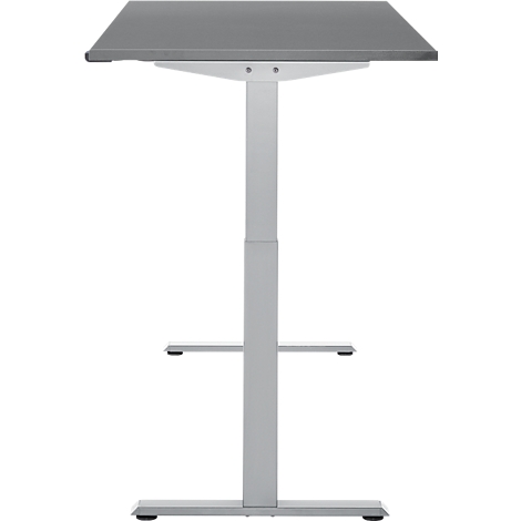 Een in hoogte verstelbaar bureau, grijs. Het rechthoekige tafelblad is lichtgrijs. De basis is zilver.
