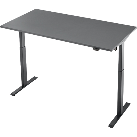 Grijs, in hoogte verstelbaar bureau, gefotografeerd vanuit vogelperspectief.