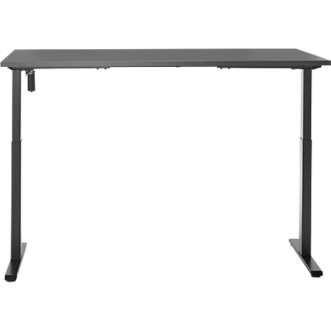Een grijze in hoogte verstelbare bureau met een rechthoekig tafelblad en een donker metalen frame.