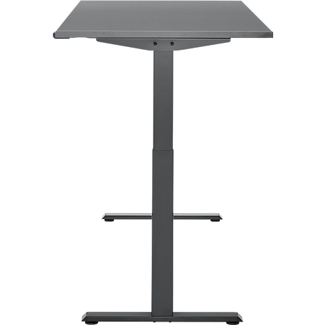 Grijze in hoogte verstelbare statafel met een vierkant tafelblad en twee planken.