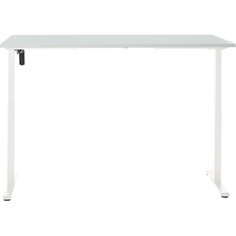 Lichtgrijze in hoogte verstelbare bureau. Rechthoekig tafelblad op witte poten.