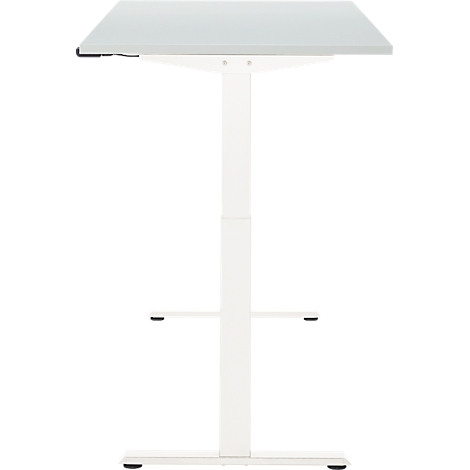 Witte, in hoogte verstelbare bureau met een vierkant tafelblad en een kolomvoet.