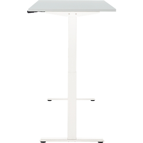 Witte statafel, rechthoekig tafelblad, in hoogte verstelbaar. Stevige constructie.