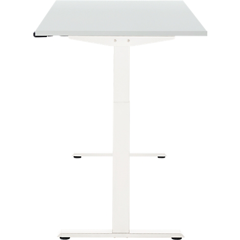 Een witte, in hoogte verstelbare statafel met een vierkant tafelblad.