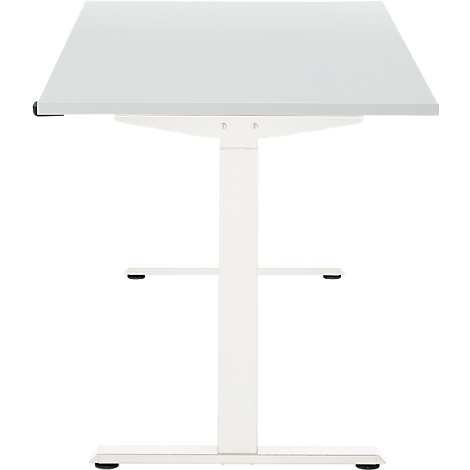 Witte in hoogte verstelbare bureau, van bovenaf gefotografeerd, tegen een witte achtergrond.