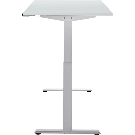 Een witte, in hoogte verstelbare bureau, staand op een metalen frame.