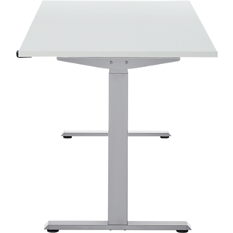 Een witte, in hoogte verstelbare statafel, staand op een witte achtergrond.
