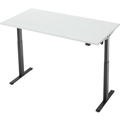 Een witte, rechthoekige tafel met in hoogte verstelbare zwarte poten, geplaatst op de hoeken.