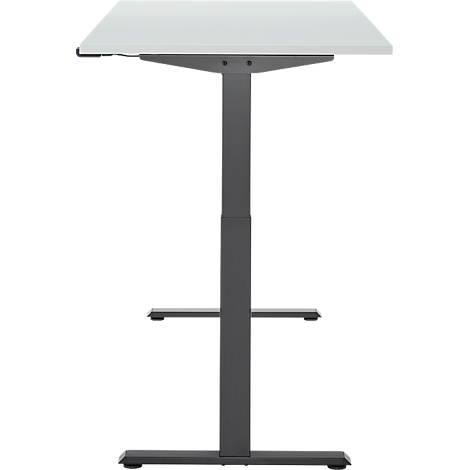 Een witte, rechthoekige statafel. Het heeft een grijs frame en een voetensteun. De tafel is in volledige hoogte afgebeeld.