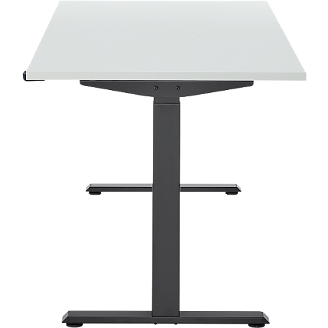 Een in hoogte verstelbaar bureau met grijze poten en een wit tafelblad, gefotografeerd van bovenaf.