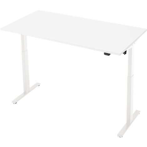 Witte, in hoogte verstelbare bureau. Rechthoekig tafelblad met twee poten. Aan de tafel is een bediening bevestigd.