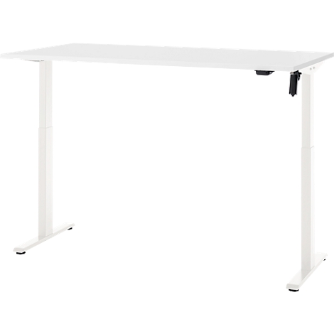 Witte in hoogte verstelbare bureau met twee poten. De bediening is zwart.