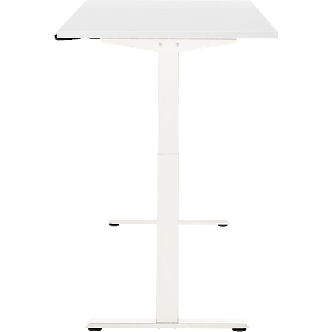 Witte, in hoogte verstelbare bureau. Het heeft een rechthoekig tafelblad en een frame.