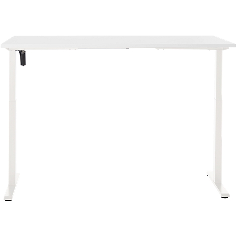 Witte in hoogte verstelbare bureau tegen een witte achtergrond. Een standaard aan de rechter- en linkerkant, en een zwarte hendel aan de linkerkant.