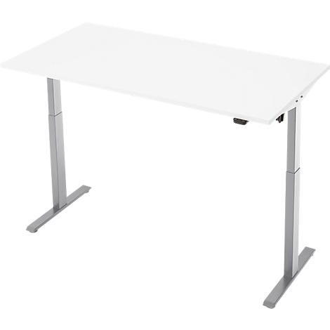 Wit, in hoogte verstelbaar bureau met zilveren poten, tegen een witte achtergrond.