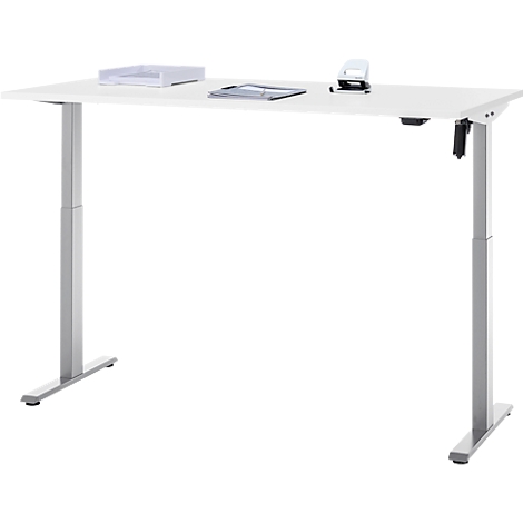 Witte in hoogte verstelbare bureau, met papierbakken en perforator. Het staat op twee zilveren poten.