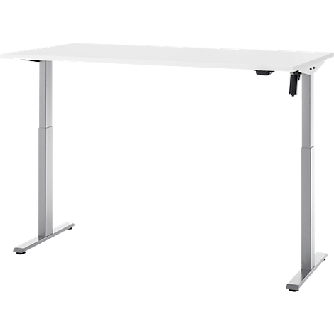 Een witte, in hoogte verstelbare bureau met zilveren poten tegen een witte achtergrond. Het bureau staat in de staande positie.