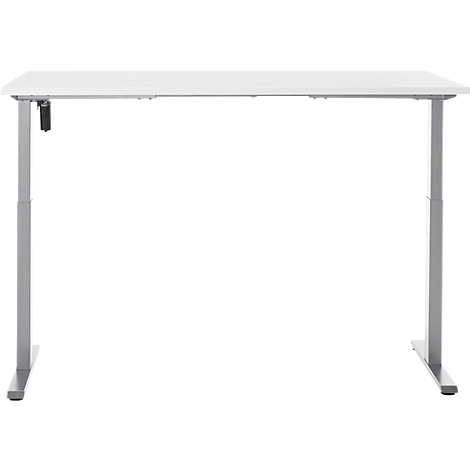 Een witte, in hoogte verstelbare bureau met zilveren poten en bediening.