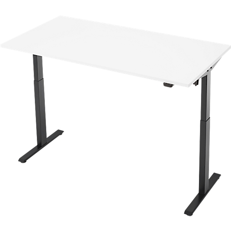 Witte in hoogte verstelbare bureau met zwarte poten en een rechthoekig tafelblad.