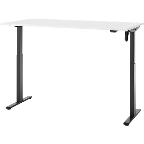Een witte, in hoogte verstelbare bureau met zwarte poten. Aan de rechterkant bevindt zich een bedieningspaneel om de hoogte aan te passen.
