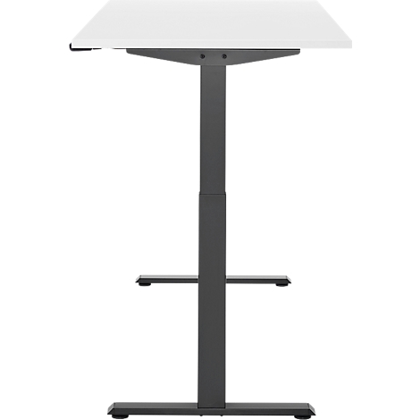 Een in hoogte verstelbaar bureau met een wit tafelblad en een grijs frame. De poten hebben een voetensteun.