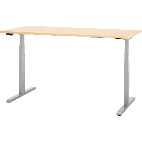 Een in hoogte verstelbaar bureau met een licht houten blad en grijze poten. De bediening zit links.