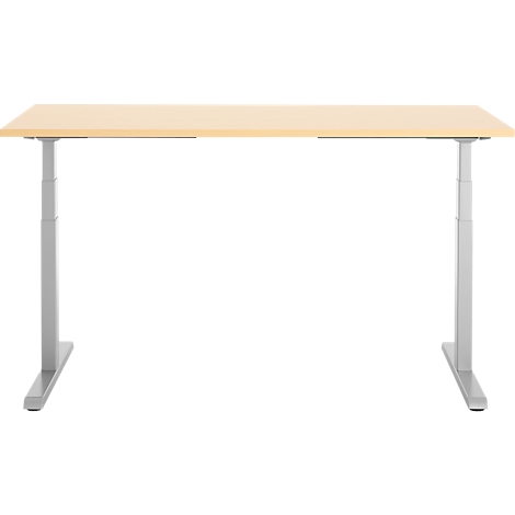 In hoogte verstelbaar bureau, licht houten blad, grijze poten.