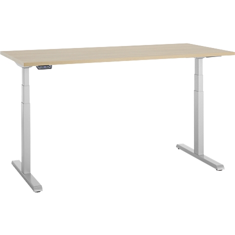 In hoogte verstelbaar bureau, licht houten blad, zilveren poten.